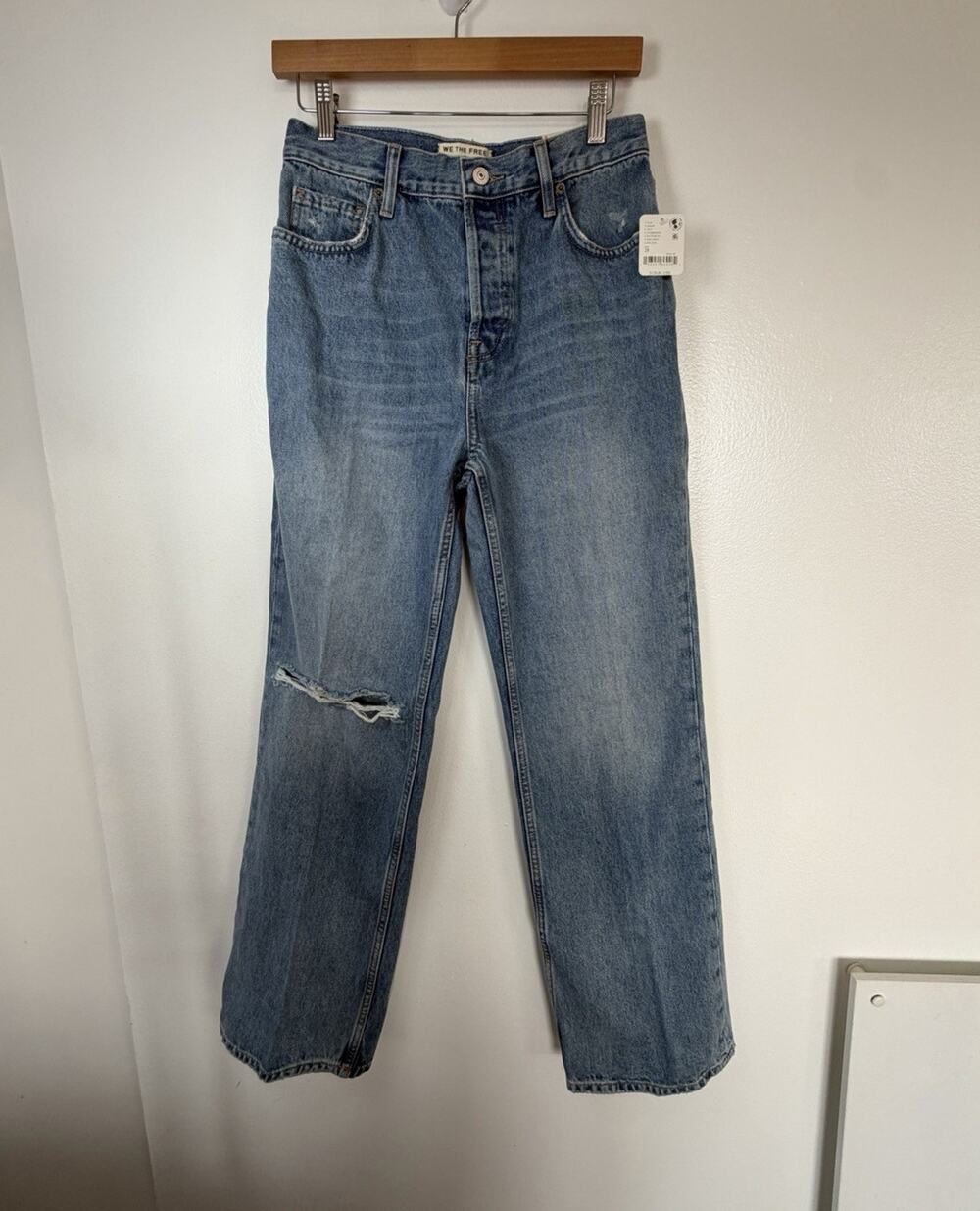 We The Free Women’s Blue Distressed High Rise Straight Leg Denim Jeans